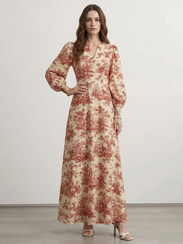 1745591 Elasticated Waist High Waisted Contrast Color Pleated Printed Split-Joint V-Neck Maxi Dresses