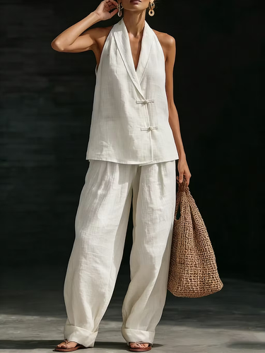 1786121 Loose Sleeveless Buttoned Solid Color V-Neck Vest Top