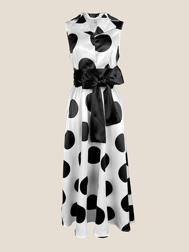 1653576 A-Line Sleeveless Polka-Dot Split-Joint Tied Waist Lapel Maxi Dresses Shirt Dress