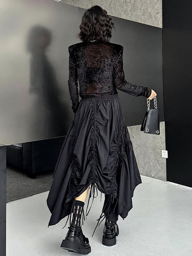 1721433 A-Line Elasticated Waist Asymmetric Drawstring Pleated Solid Color Skirts Bottoms