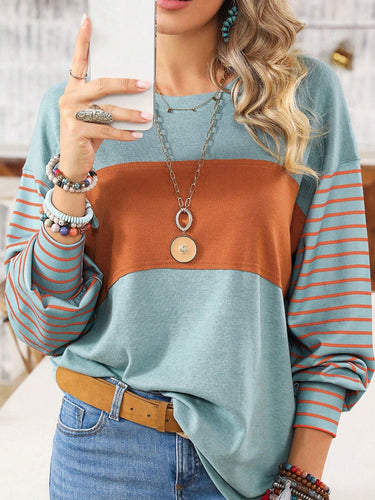 1747693 Long Sleeves Loose Contrast Color Split-Joint Striped Round-Neck Blouses&Shirts Tops