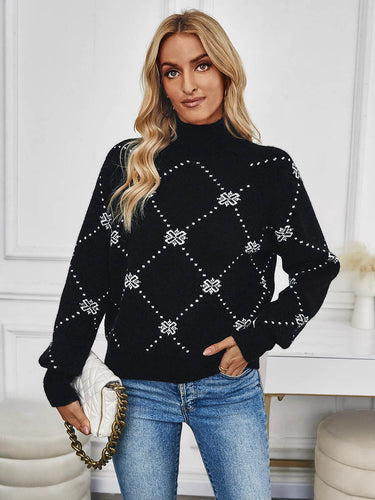 1738697 Long Sleeves Loose Contrast Color Flower Print Geometric Split-Joint Half Turtleneck Sweater Tops