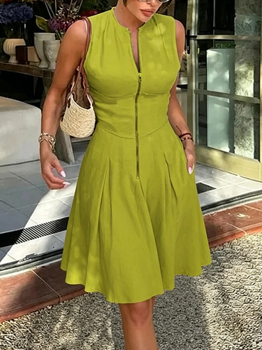 1777375 A-Line Sleeveless Pleated Pockets Solid Color Zipper Round-Neck Mini Dresses