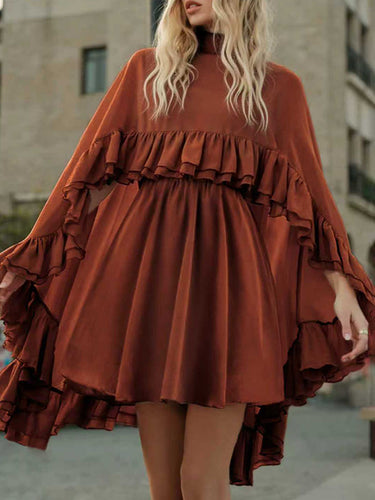 1755962 High Waisted Sleeveless Pleated Ruffled Solid Color Split-Joint Tied Mock Neck Mini Dresses Two Pieces Set