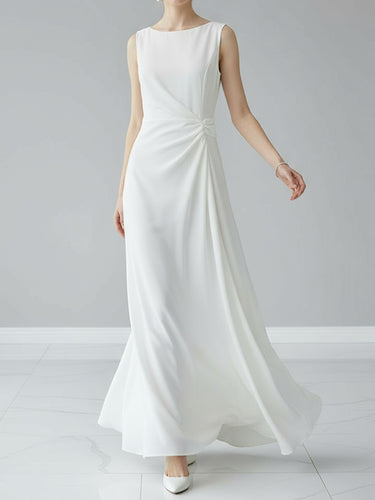 Sleeveless Gauze Pleated Solid Color Split-Joint Round-Neck Evening Dresses Maxi Dresses