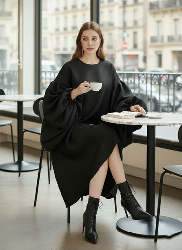 Batwing Sleeves High-Low Pleated Solid Color Split-Joint Round-Neck Midi Dresses