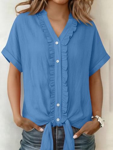 1774778 Loose Short Sleeves Buttoned Knot Ruffle Trim Solid Color V-Neck Blouses&Shirts Tops