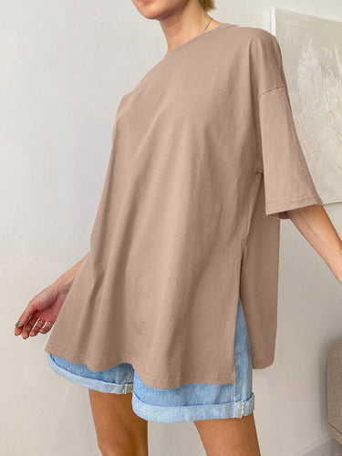 1784034 Loose Short Sleeves Solid Color Split-Side Round-Neck T-Shirts Tops