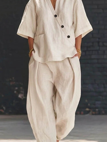 1771066 Loose Solid Color V-Neck Asymmetric Buttoned Blouses&Shirts Tops + High Waisted Pockets Pants Trousers Two Pieces Set