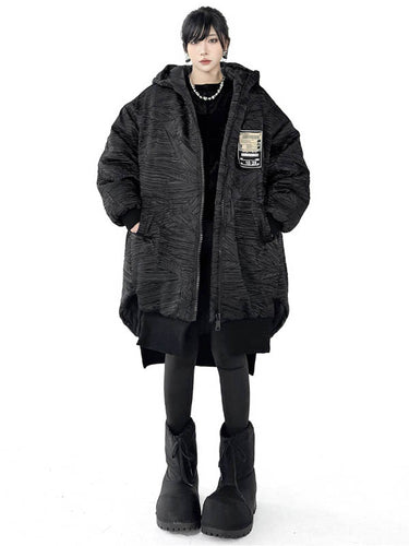 1720056 High-Low Irregularity Abstract Printed Contrast Color Split-Joint Zipper Hooded Outerwear Overcoat