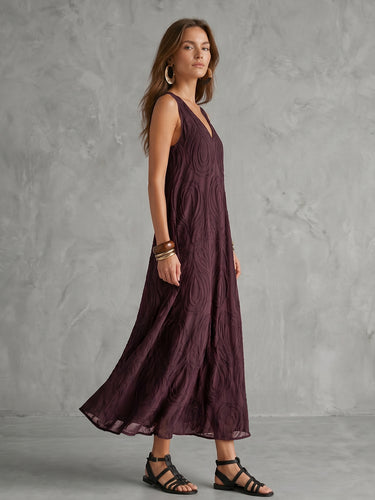 1785150 A-Line Loose Jacquard Solid Color V-Neck Midi Dresses