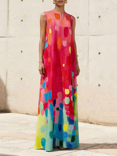 Vestidos maxi de cuello en V estampado en color de contraste de contraste suelto