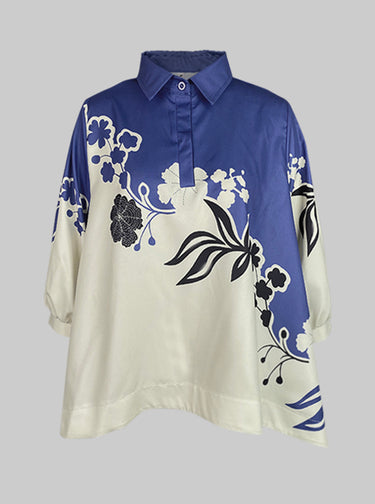 Mezze maniche ad abbottonate a bottone a basso fiore stampare camicette di camicette di camicette pieghe