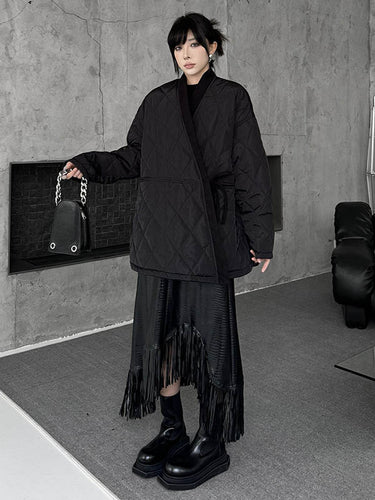 1720275 Long Sleeves Loose Plaid Quilted Solid Color Split-Joint Tied Collarless Outerwear Padded Coat