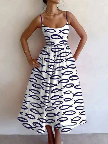 1751242 Elasticated Waist High Waisted Contrast Color Pleated Printed Split-Joint Spaghetti-Neck Midi Dresses