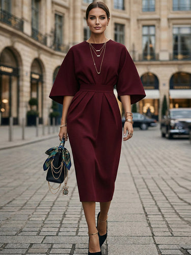 pleated batwing sleeve waist cinching dress Anewsta Elegant V-Neck Cinched Waist Batwing Sleeve A-Line Pleated Long Dress For Women