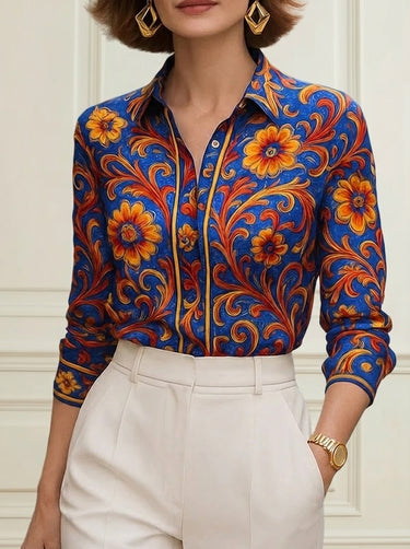 Long Sleeves Buttoned Flower Print Lapel Blouses&Shirts Tops