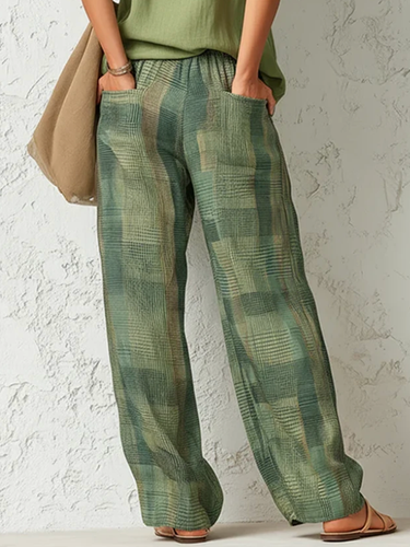 1779197 High Waisted Loose Contrast Color Plaid Pockets Pants Trousers
