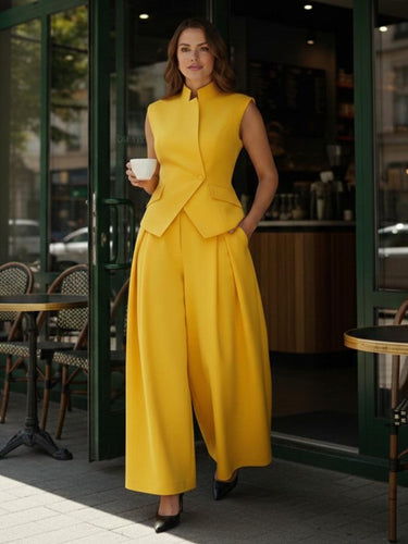 Elasticated Waist High Waisted Asymmetric Buttoned Solid Color Split-Joint Stand Collar Tank Top