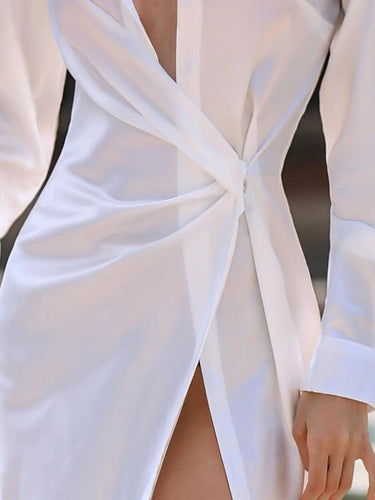 1656615 Long Sleeves Buckle Buttoned Pleated Solid Color Split-Front Lapel Maxi Dresses Shirt Dress