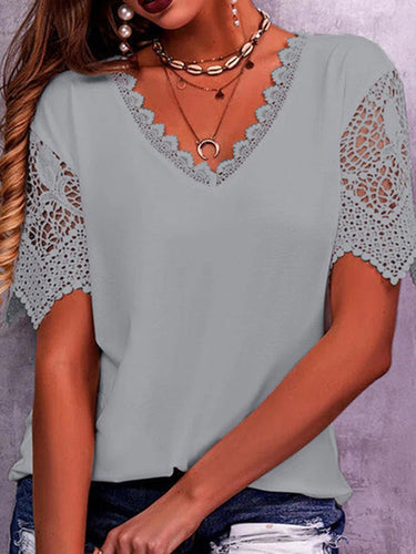 1752758 Losse grote maten holle effen kleur split-joint V-hals T-shirts tops