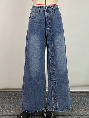 1648353 High Waisted Loose Buttoned Pockets Jean Pants Bottoms