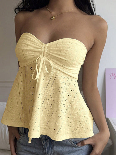 1752100 Skinny Sleeveless Backless Hollow Pleated Solid Color Split-Joint Tied Tube Vest Top