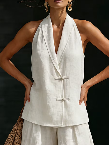 1786118 Loose Sleeveless Buttoned Solid Color V-Neck Vest Top