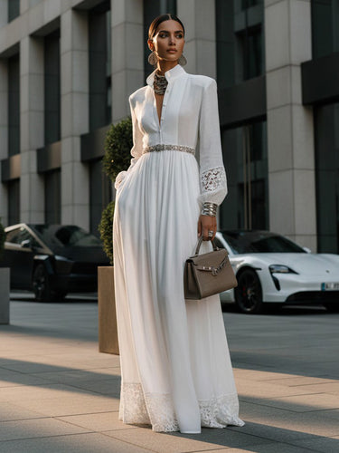 A-Line High Waisted Belted Buttoned Hollow Pleated Pockets Solid Color Split-Joint Stand Collar Maxi Dresses Shirt Dress