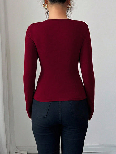 1715895 Long Sleeves Skinny Solid Color Split-Joint Asymmetric Collar T-Shirts