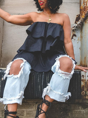 A-Line Loose Elasticity Layered Ruffled Solid Color Tube Vest Top