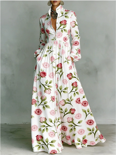 Split-Joint Pockets Pleated Flower Print Contrast Color Buttoned Plus Size Loose Stand Collar Maxi Dresses