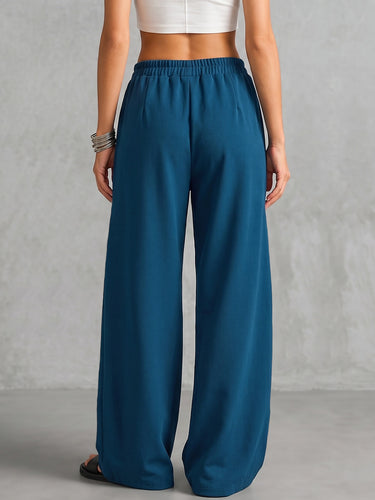 1786007 Loose Wide Leg Drawstring Elasticity Pockets Solid Color Pants Trousers