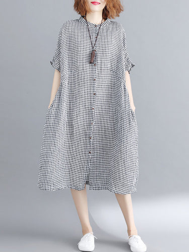 Artista Retro Retro suelta división de articulación a cuadros Botoned Stand Collar Medias Mangas Midi Midi Vestido