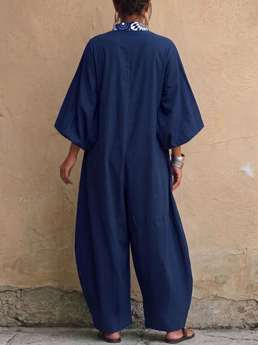 1787663 Printed Pockets Contrast Color Wide Leg Three-quarter Sleeves V-neck Jumpsuits