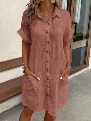 1768154 Half Sleeves Loose Buttoned Pockets Solid Color Lapel Mini Dresses