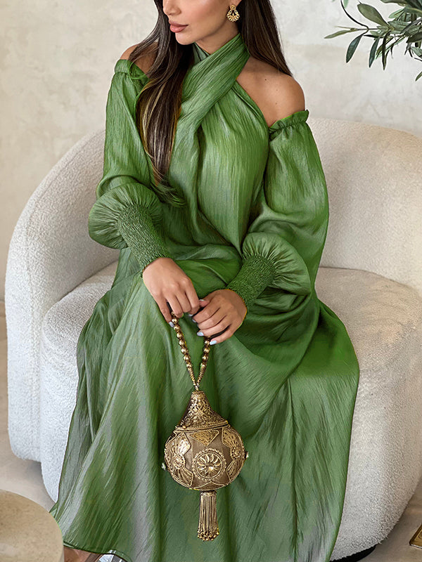 uoozee dresses Women's Cocktail Evening Gown High Low Loose Ruffle Trim Tied Waist V-Neck Maxi Dresses, Green, S : Clothing, Shoes & Jewelry CREAMY WHITE / M Loose Puff Sleeves Buttoned Split-side