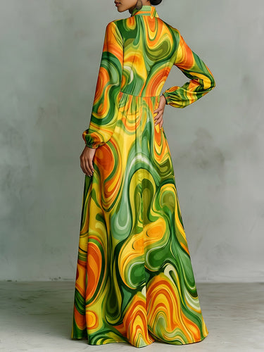 1788972 Printed Pockets Pleated Contrast Color Loose Long Sleeves Stand Collar Maxi Dresses