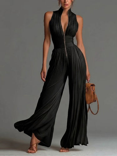 1780807 High Waisted Sleeveless Pleated Solid Color Zipper V-Neck Jumpsuits