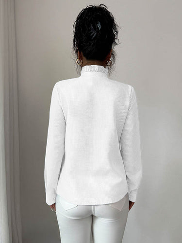 1731612 Long Sleeves Skinny Buttoned Ruffled Split-Joint Striped Stand Collar Blouses&Shirts Tops