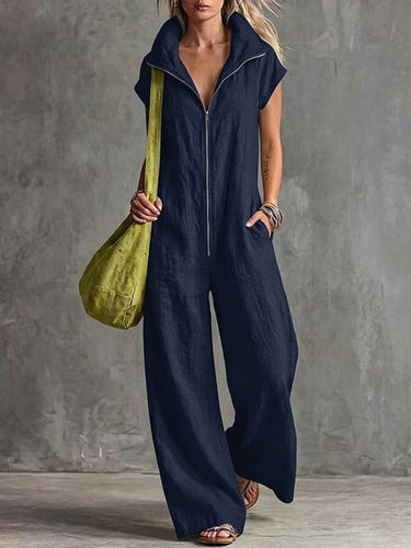 Zipper Solid Color Pockets Wide Leg Loose Stand Collar Jumpsuits