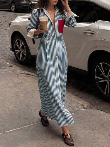 Striped Split-Joint Pockets Contrast Color Buttoned Long Sleeves High Waisted Lapel Midi Dresses