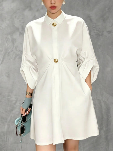 Loose Puff Sleeves Buttoned Pleated Pockets Solid Color Lapel Mini Dresses