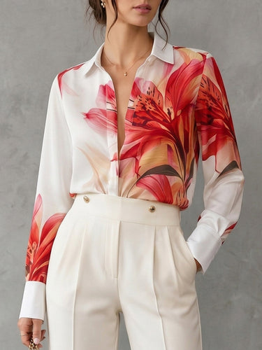 Long Sleeves Buttoned Contrast Color Flower Print Lapel Blouses&Shirts Tops