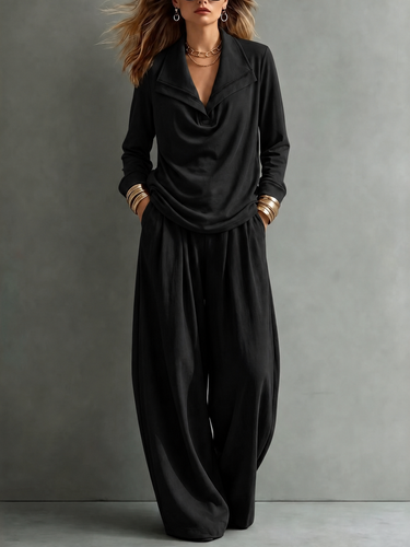 Solid Color Lapel Long Sleeves Blouses&shirts Tops + High Waisted Pleated Pockets Pants Trousers Two Pieces Set