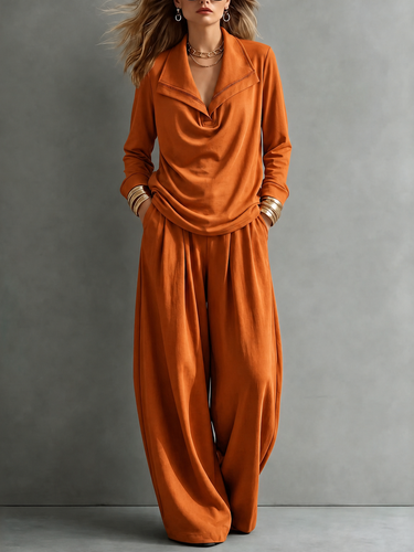 Solid Color Lapel Long Sleeves Blouses&shirts Tops + High Waisted Pleated Pockets Pants Trousers Two Pieces Set