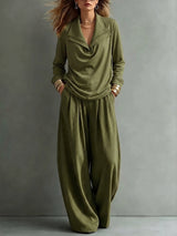Solid Color Lapel Long Sleeves Blouses&shirts Tops + High Waisted Pleated Pockets Pants Trousers Two Pieces Set