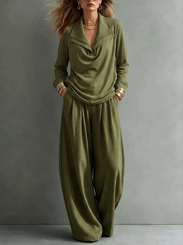 Solid Color Lapel Long Sleeves Blouses&shirts Tops + High Waisted Pleated Pockets Pants Trousers Two Pieces Set