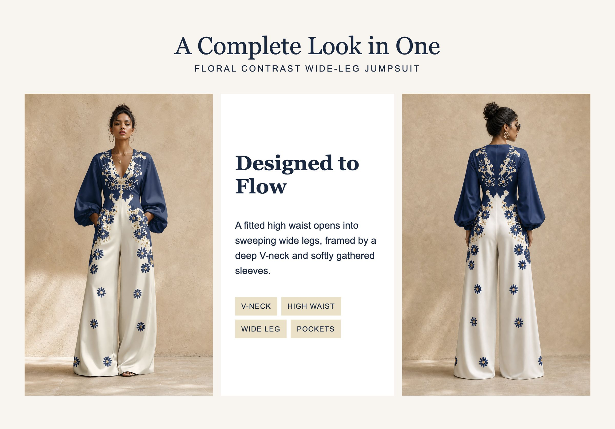 Pockets Flower Print Elasticity Contrast Color Wide Leg Long Sleeves V-neck Jumpsuits
