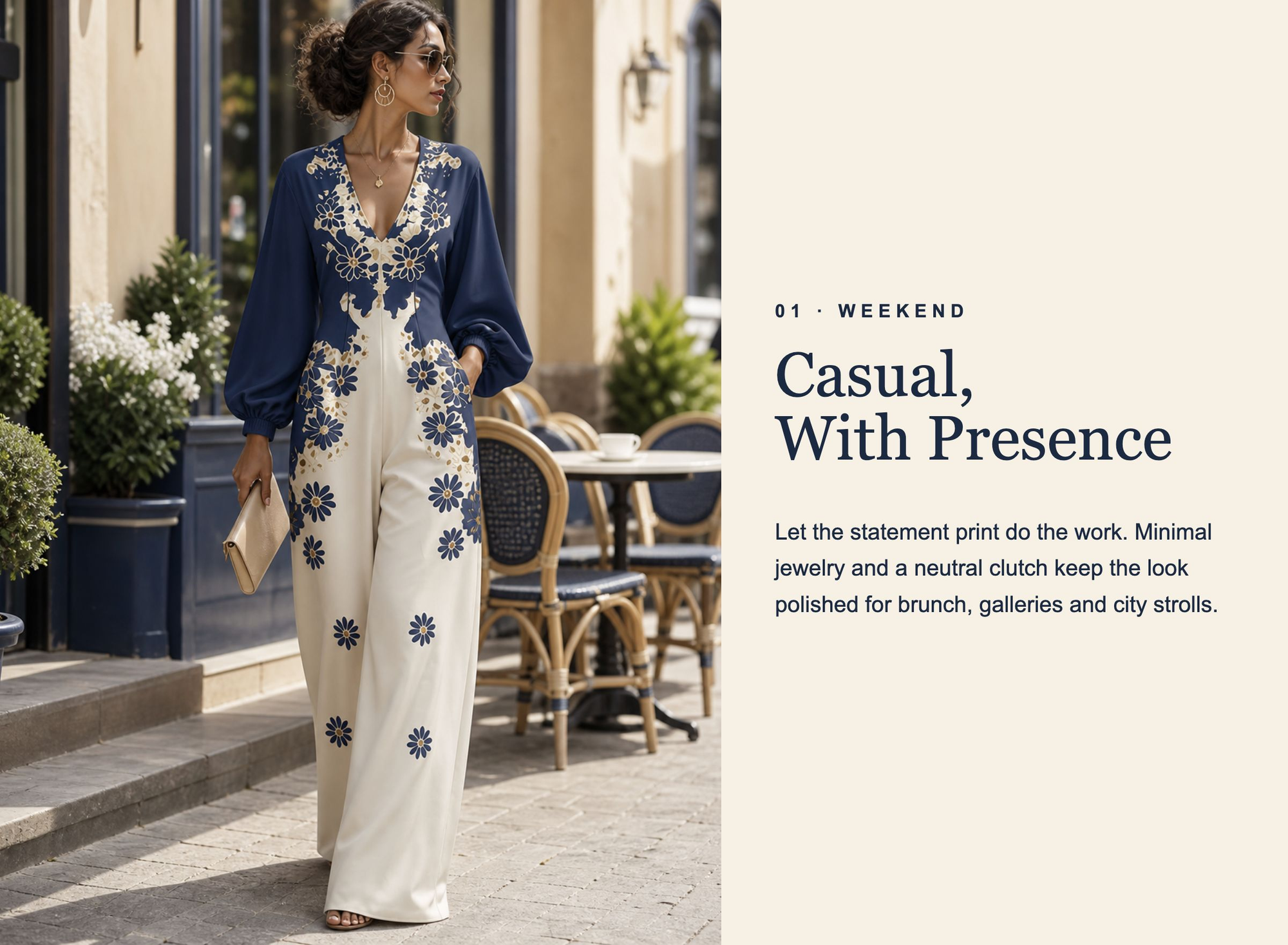 Pockets Flower Print Elasticity Contrast Color Wide Leg Long Sleeves V-neck Jumpsuits